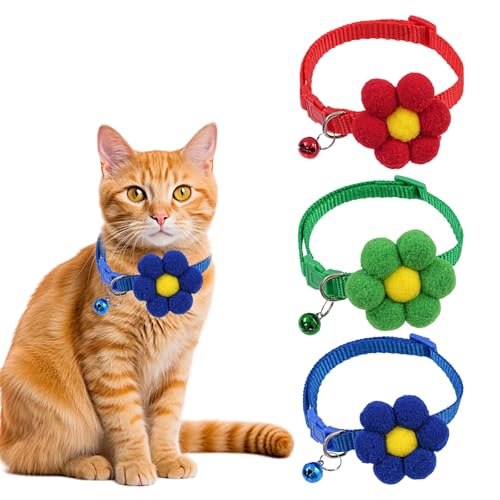 KASESSS 3 Stück Katzenhalsband, Halsband Katze Blumen, Katzen Halsbänder Weich, Katzen Halsband Verstellbar, Cat Collar mit Glocke, Katzenhalsbänder 19-32cm, Katze Halsband für Alle Hauskatzen von KASESSS