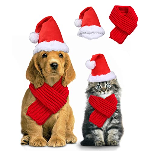 KATELUO 2 STK Haustier Weihnachtskostüme Set, Weihnachtsmütze Hunde Katzen Schal Weihnachten Katzenkostüm Hundekostüm, Plüsch Haustier Weihnachtsmütze Verstellbare für Mittlere und große Haustiere von KATELUO