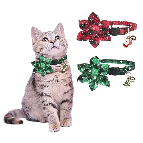 Weihnachts Katzenhalsband, 2 Stück Verstellbares Kätzchenhalsband mit Entzückenden Glöckchen und Schneeflocken Gemusterte Blume, Halsband Katze Fliege, Weihnachts Haustierzubehör für Kätzchen, Welpen von KATELUO