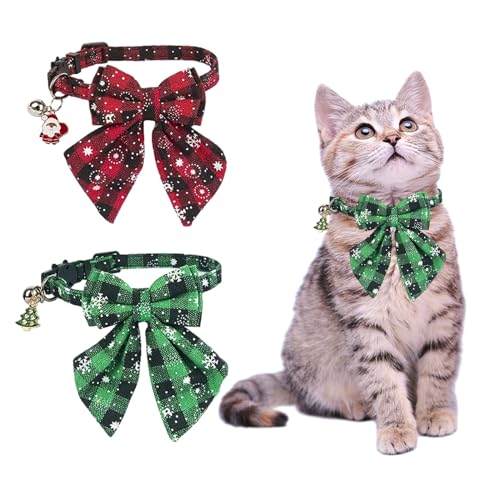 Weihnachts Katzenhalsband, 2 Stück Verstellbares Kätzchenhalsband mit Entzückenden Glöckchen und Schneeflocken Gemusterte Fliegen, Haustier-Krawatte mit Schleife, Weihnachts Haustierzubehör von KATELUO