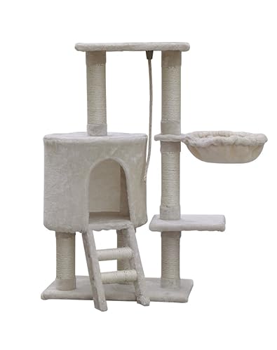 KATIDO Kratzbaum 96 cm hoch Katzenbaum Kletterbaum für Katzen, mit Sisal Plüsch Katzenhöhle und Korb beige von KATIDO