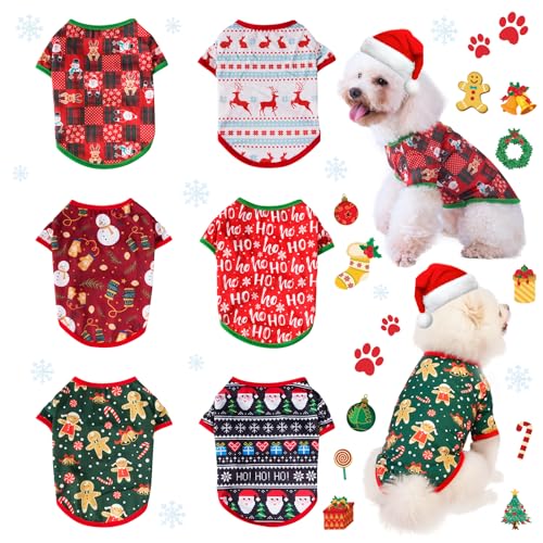 KATOLK 6 Stück Hundekleidung für kleine Hunde, weiches und atmungsaktives Haustier-Shirt, Sommer/Herbst, Welpen, Kätzchen, Weste, bedruckte Hunde-Shirts, Weihnachtsschneemann, Weihnachtsmann, Rentier, von KATOLK