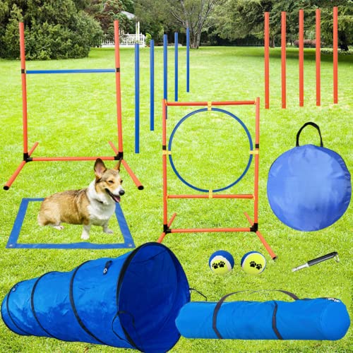 KATZEIST Agility-Trainingsgerät für Hunde, Agilitätskurs, Hinterhof-Set, Hunde-Hindernislauf-Spielset, Indoor-Outdoor-Spiele, inklusive Hundetunnel, Webstangen, Springhürde von KATZEIST