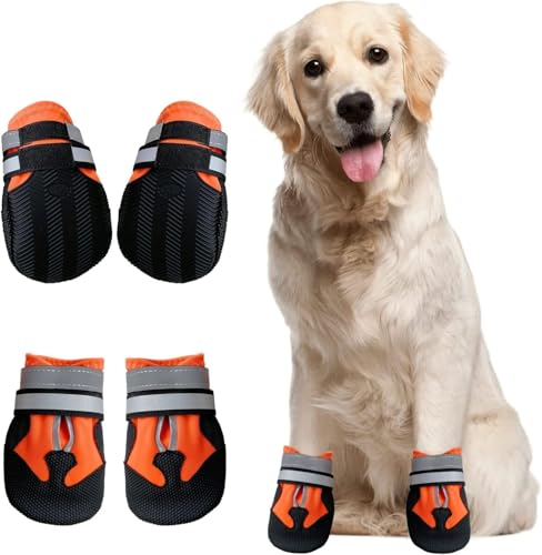 KAZOLEN Hundeschuhe, wasserdicht, Schutzstiefel für Hunde, Pads für Hunde, rutschfest & reflektierend, mit selbstklebender Schnalle, Riemen für Welpen, kleine mittelgroße Hunde (Orange, XL) von KAZOLEN