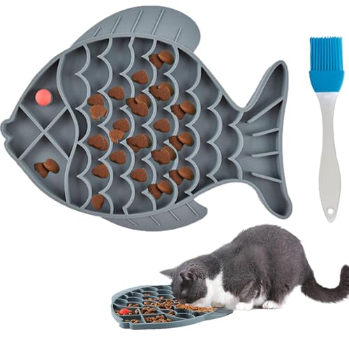 1 x Katzen-Leckmatte, langsamer Futternapf, Langsamer Futternapf, Leckmatte für Katzen, langsamer Fressnapf, Fischteller, grau, 1 x blaue Bürste, rutschfestes Fisch-Design, trockene Nassschale für von KBCYRT