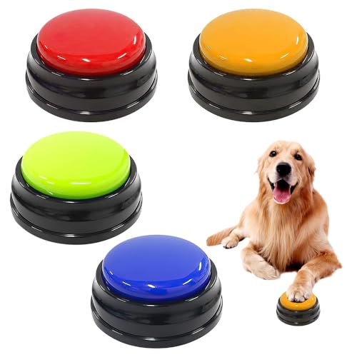 KBIBCK 4 Stück Buzzer Mit Aufnahmefunktion Hunde, Answer Buzzers Hund, Buzzer mit Sound, 30 Sekunden Beschreibbare Taste, Hundeglocken für Haustiere Interaktion, Recordable Training Button von KBIBCK