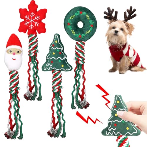 KBIBCK 4 Stück Weihnachten Hund Spielzeug, Weihnachts Hundeseilspielzeug, Hundespielzeug Seil Set, Weihnachts Kauspielzeug für Haustiere, Hundespielzeug Weihnachten für Hund Geschenk Weihnachten von KBIBCK