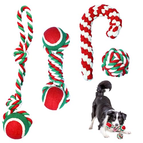 KBIBCK Hundespielzeug Weihnachten, 4 Stück Weihnachten Hundespielzeug, Hundespielzeug Seil, hundeball Hundespielzeug Zuckerstange Hunde Kauspielzeug für Kleine und Mittlere Hund Geschenk Weihnachten von KBIBCK