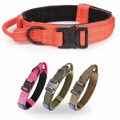 KCUCOP Hundehalsband, Militär-Hundehalsband, mit reflektierendem Halsband und amerikanischer Flagge, mit Griff, robuste Metallschnalle, 3.8 cm breit, verstellbar, K9-Halsband (orange reflektierend-M) von KCUCOP