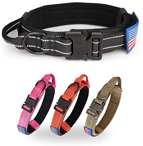 KCUCOP Taktisches Hundehalsband, Militär-Hundehalsband mit reflektierendem Halsband und amerikanischer Flagge, Aufnäher mit Griff, robuste Metallschnalle, 3.8 cm breit, Nylon, dick, reflektierend), M von KCUCOP