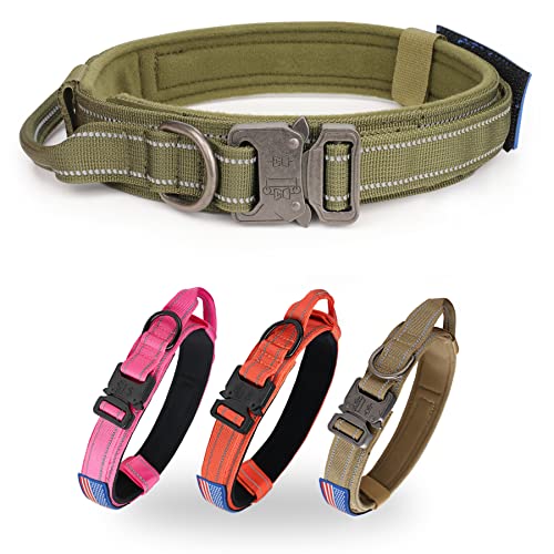 Reflektierendes taktisches Hundehalsband von KCUCOP, Militär-Hundehalsband mit USA-Flagge Patch mit Griff, robuste Metallschnalle, 3.8 cm breit, Nylon, dick, verstellbar, Hund (grün, M) von KCUCOP