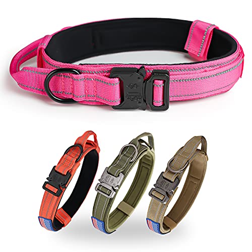 Reflektierendes taktisches Hundehalsband von KCUCOP, Militär-Hundehalsband mit USA-Flagge Patch mit Griff, robuste Metallschnalle, 3.8 cm breit, Nylon, dick, verstellbar, Hunde (Rosa, XL) von KCUCOP