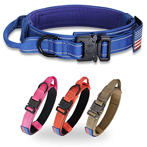 Taktisches Hundehalsband,KCUCOP Militärisches Hundehalsband mit reflektierendem Halsband und amerikanischer Flagge mit Griff, robuste Metallschnalle, 3.8 cm breit, Nylon, dick, reflektierend, L) von KCUCOP