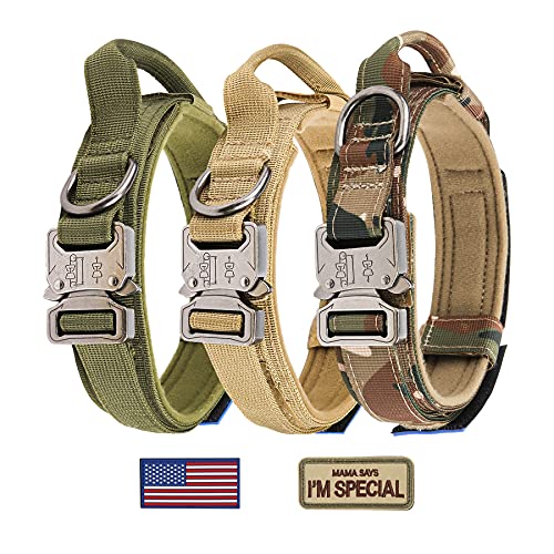 Taktisches Hundehalsband – KCUCOP Militärisches Hundehalsband mit 2 Flicken, 3.8 cm breit, dick mit Griff, K9-Halsband, Hundehalsband, verstellbar, XL Hunde (M, Camouflage-Muster mit 2 Flicken) von KCUCOP