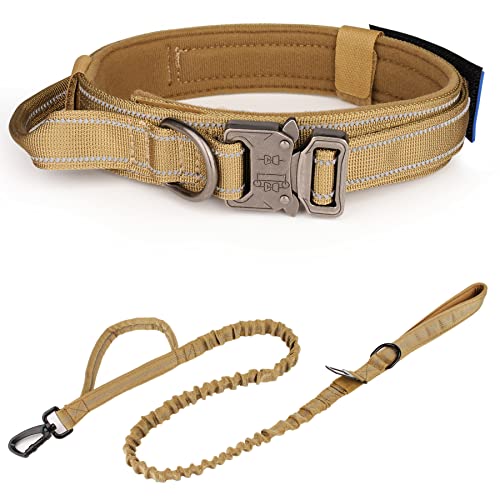 Taktisches Hundehalsband und Leine, KCUCOP Militärisches Hundehalsband und Hundeleine, Tactipup, Hundehalsbänder, verstellbar, robuste Metallschnalle für M, L, XL Hunde (braun, reflektierendes Set-L) von KCUCOP