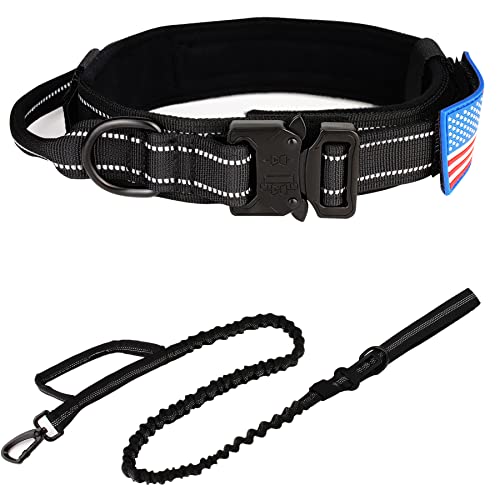 Taktisches Hundehalsband und Leine, KCUCOP Militärisches Hundehalsband und Hundeleine, Tactipup, Hundehalsbänder, verstellbar, robuste Metallschnalle für M, XL Hunde (schwarz, reflektierendes Set-M) von KCUCOP