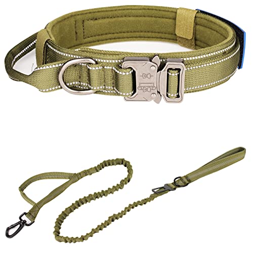 KCUCOP Taktisches Hundehalsband, robustes Hundehalsband mit Griff und Metallschnalle, militärische dicke Hundehalsbänder für mittelgroße und große Hunde (grün-reflektierendes Set L, 1 Patch) von KCUCOP