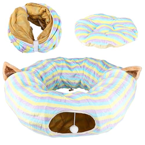 Cat Tunnel Katzen Donut Tunnel 31,5 -Zoll -Dia -Streifen -Plüsch -Katzen -Tunnel mit zentraler Matte und baumelnder Kugeln falten Cattunnel Bett atmungsable geräumige Katzenring -Tunnel für Innenkatz von KDAMGOQE