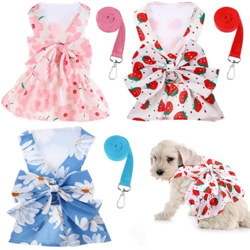 KDAMGOQE Hundekleid 3 PCs Hundekleider mit Gurten süße Bunte Bogen kleine Hunde Prinzessin Kleid Atmungsfreie Welpe Hunde -Sommer -Hundekabel für Hunde Mädchen mit Knopf für Katzen, Kaninchen (klein) von KDAMGOQE