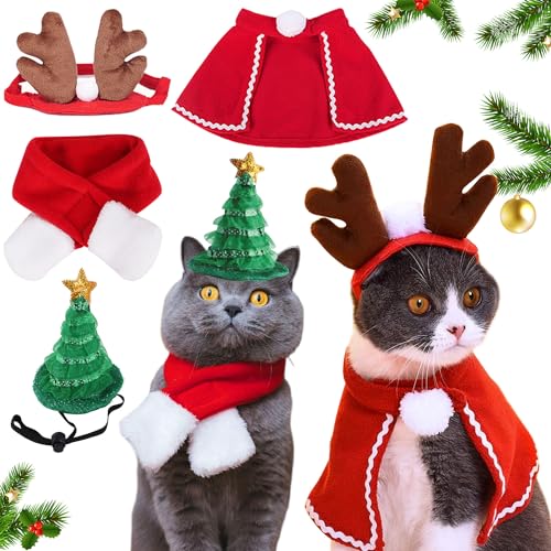 Weihnachtskostüm für Katzen, 4 Stück Haustier Weihnachtskostüm, Weihnachtsmann-Mütze, Verstellbar Schal, Geweih, Haustier-Kleidung für Hunde, Katzen, Welpen,Geschenk von KEAGAN
