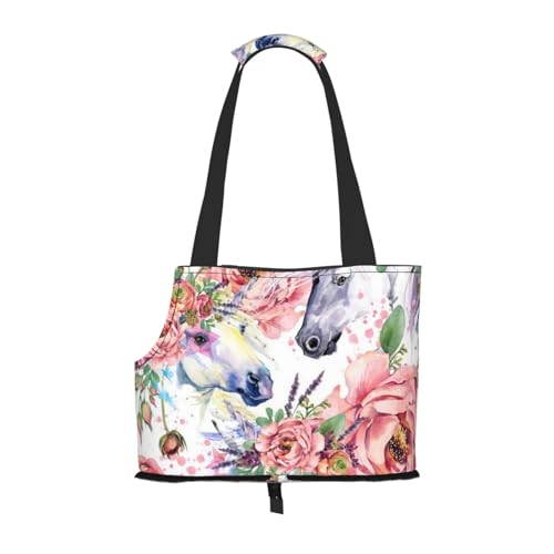 Aquarell Pferd Rosen Blumen, Weiche Reise-Tragetasche für Haustiere, Handtasche, tragbare Schultertasche für kleine Haustiere von KEDDJI