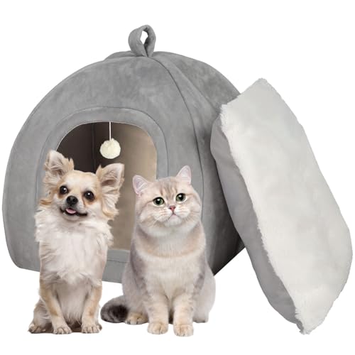 KEEPREAPER Katzenhöhle Hundehöhle XXL große Katzen mit Bälle, Katzenbett kuschelhöhle flauschig waschbar, Katzenkorb zum schlafen mit Katzenkissen, Katzenhaus klappbar mit Handle, 48x48x50cm von KEEPREAPER