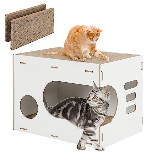 KEEPREAPER Kratzbrette 2er Set Katzenhöhle für 2-3 Große Katzen, katzenhaus mit 2 Kratzpappe für Katzen aus Wellpappe, kratzbretter Katze Lounge gestapelt, MDF, 44x30x32cm von KEEPREAPER