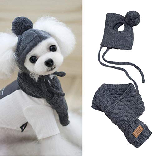 KENANLAN Haustier Weihnachtsmütze Schal Set, Winter Warm Gestrickte Haustier Mütze Schal Set Hunde Hüte Lustige Cosplay Haustier Hund Welpen Zubehör (Grau) von KENANLAN