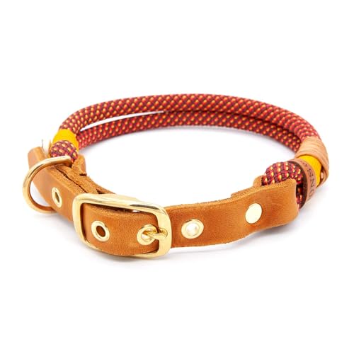 Hundehalsband aus Tau & edlem Leder | Golden Fireball | verstellbar & robust | Elegantes, handgefertigtes Design | Halsband Hund für mittelgroße & große Hunde mit Schnalle – rot von KENSONS for dogs