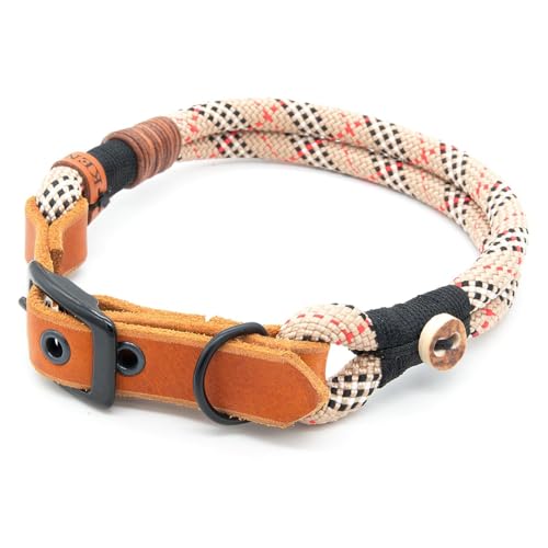 Hundehalsband aus Tau & edlem Leder | Highland Houndstooth | verstellbar & robust | Elegantes, handgefertigtes Design | Halsband Hund für mittelgroße & große Hunde mit Schnalle – beige von KENSONS for dogs