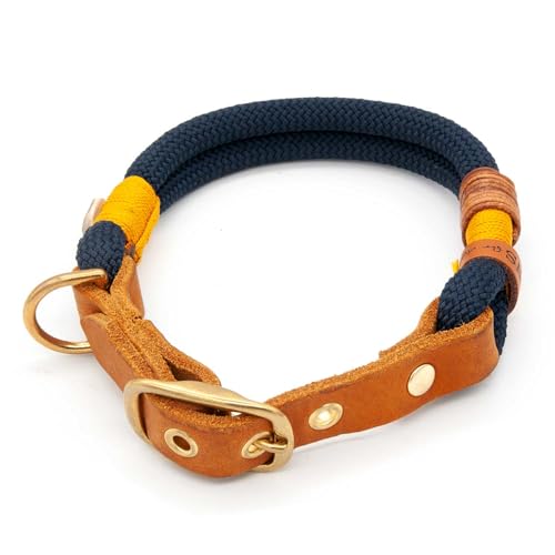 Hundehalsband aus Tau & edlem Leder | Midnight Sunburst | verstellbar & robust | Elegantes, handgefertigtes Design | Halsband Hund für mittelgroße & große Hunde mit Schnalle – blau von KENSONS for dogs