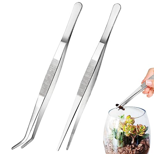 2 Stück Aquarium Pinzette Lang, Aquarium Werkzeug Set - Pinzette Gerade & Gebogene Pinzette 25 cm Pflanzenpinzette, Stumpfe Pinzette Edelstahl Futterzange Aquarium Aquascaping Set für Reinigung/Kochen von KEPKKU