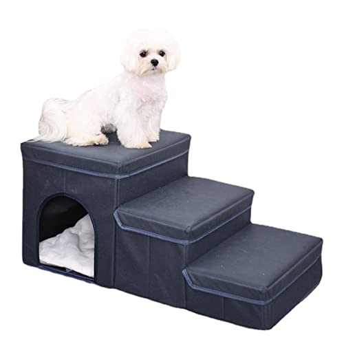 Haustiertreppe mit Haus, Drei-Hundetreppe für Bett, Faltbare Hundetreppe, Leichte Hundebettstufen, Verschleißfeste Hundetreppe für kleine Hunde, Haustiertreppe mit Staufach & Haus von KERALI