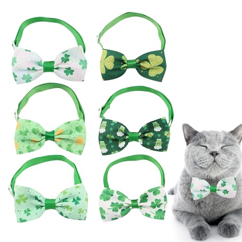 KERALI Fliege zum St. Patrick's Day für Katzen, Katzenhalsband zum St. Patrick's Day mit Schleife - 6 Stück Weihnachts-Fliegen mit irischem Kleeblatt-Motiv in Grün | Haustierbekleidung zum St. von KERALI