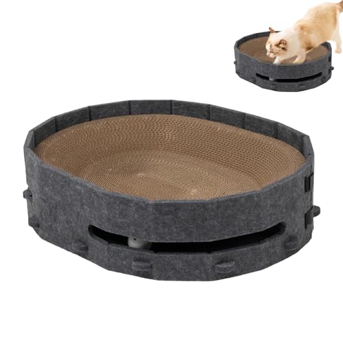 Katzenkratzbrett, 2-in-1 Katzenkratzbett Oval, Interaktive Katzenkratzbox mit beweglichem Glockenball, Abnehmbares Katzenkratznapfnest, Katzenkratzunterlage für Langeweile von KERALI