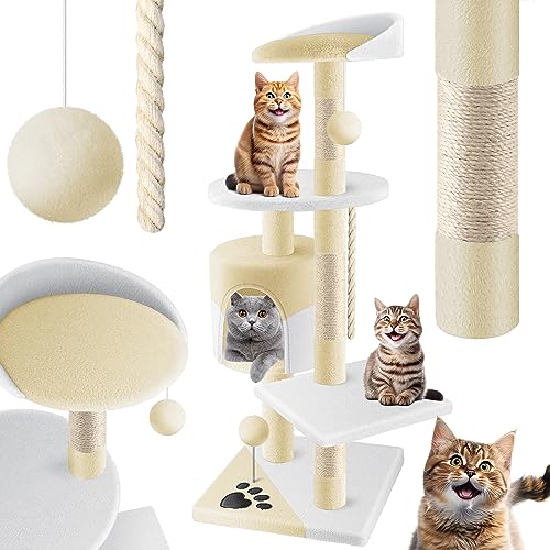 LOVPET® Kratzbaum Katzenbaum Kletterbaum, mit Sisalstämmen, Stabil, mit Höhle, Spielbälle, Spielsisal & Spielseil, Höhe 112cm, mit vielen Kuschel- und Spielmöglichkeiten, Beige/Weiß von Lovpet