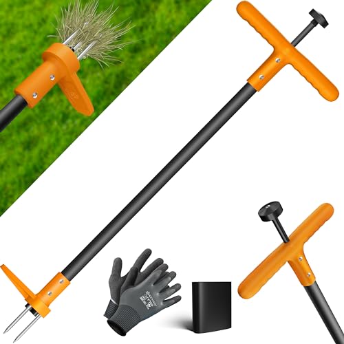 KESSER® Unkrautstecher mit Stiel | Unkrautentferner mit T-Griff & Fußpedal | Gartenwerkzeug effizientes Entfernen von Unkraut 3 Stahlzähne & Sprungfeder | Wurzelentferner mit Handschuhe & Schutzkappe von KESSER