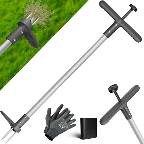 KESSER® Unkrautstecher mit Stiel | Unkrautentferner mit T-Griff & Fußpedal | Gartenwerkzeug effizientes Entfernen von Unkraut 3 Stahlzähne & Sprungfeder | Wurzelentferner mit Handschuhe & Schutzkappe von KESSER