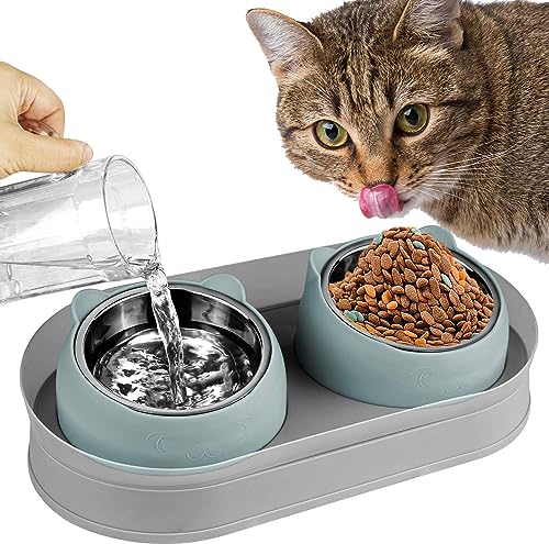 KEVIDEAWL Erhöhte Katzenfutternäpfe, erhöhter Katzennapf mit Ständer Edelstahl, geneigte Katzennäpfe Anti Erbrechen, Doppeltes Katzenfutter und Wassernapf Set für Katzen (Graublau) von KEVIDEAWL