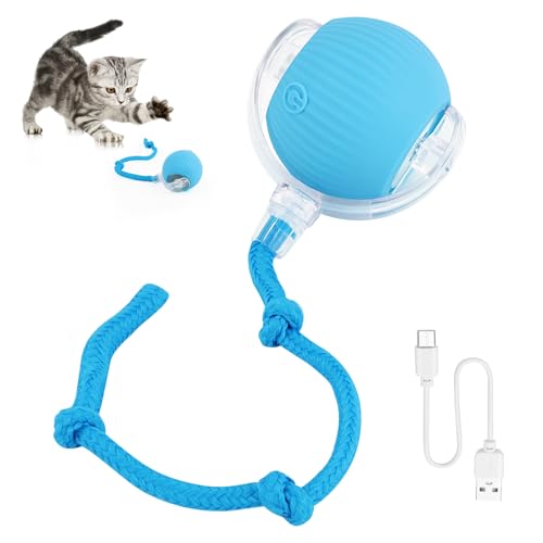 KEWUZY Katzenspielzeug Elektrisch Katzenball mit LED Licht, Interaktives Katzenspielzeug Katzen Ball, 360-Grad-Ball Automatischer Modellierung Katzenball mit Seil, USB Wiederaufladbarer (Blau) von KEWUZY