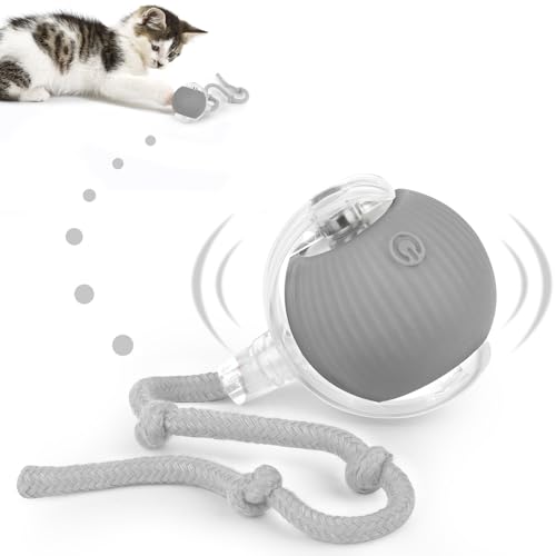 KEWUZY Katzenspielzeug Elektrisch Katzenball mit LED Licht, Interaktives Katzenspielzeug Katzenball, 360-Grad-Ball Automatischer Modellierung Katzenball mit Seil, USB Wiederaufladbarer (Grau) von KEWUZY