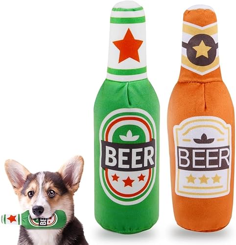 KFDDRN Hund Squeaky Plüsch Spielzeug Set, 2 Stück Nette Bier Flasche Form Hund Spielzeug, Wein Flasche Hund Plüsch Crinkle Welpe Kauen Spielzeug, Welpenspielzeug für kleine, mittlere und große Rassen von KFDDRN