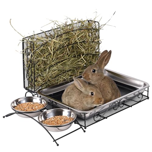 KHEARPSL 3 in 1 Kaninchen Heu-Futterstation mit Katzentoilette, Metall Bunny Hay Feeder mit Toilette und Schalen, Kleintier Heuraufe Halter für Meerschweinchen Hamster Kaninchen Hase von KHEARPSL