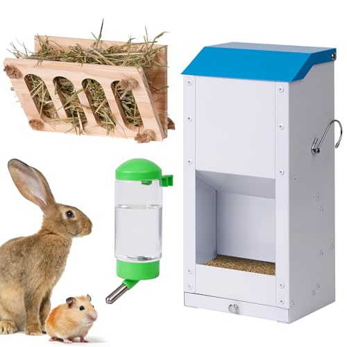 KHEARPSL Metall Kaninchenfutterspender mit Deckel, 2,7 kg Kaninchenfutterspender Bunny Feeder Trog Hühnerfutterautomat Kleintierfutterspender mit Heu Halter und Wasserflasche für Kaninchen von KHEARPSL