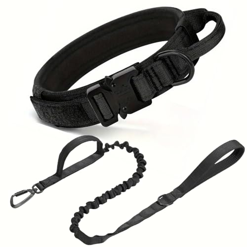 KHIM Taktisches Hundehalsband und Leine, verstellbar, Militär-Training, Nylon, mit Kontrollgriff und schwerer Metallschnalle für mittelgroße und große Hunde, Schwarz von KHIM