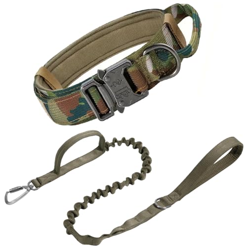 KHIM Taktisches Hundehalsband und Leine, verstellbar, Militärtraining, Nylon, mit Kontrollgriff und schwerer Metallschnalle für mittelgroße und große Hunde (Camo) von KHIM