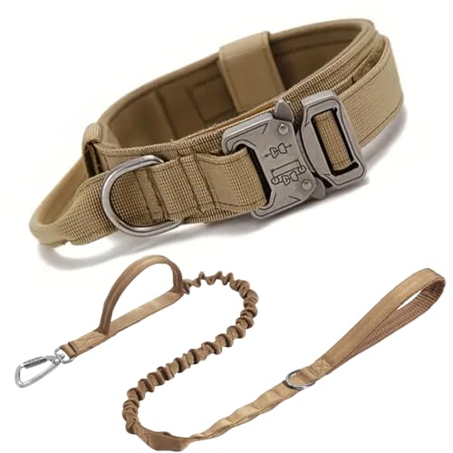 KHIM Taktisches Hundehalsband und Leine, verstellbar, Militärtraining, Nylon, mit Kontrollgriff und schwerer Metallschnalle für mittelgroße und große Hunde (Khaki) von KHIM