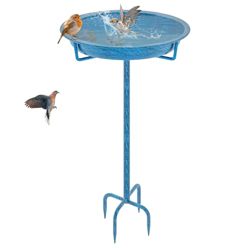 KHayRovies Vogeltränke Stehend, Vogelbad für Draußen Garten, Metall Vogelbecken Schüssel Wildvogeltränken Wassertränke, Wasserschale Frostsicher Vogelfutterspender für Vögel, 92x27cm (Retro Blau) von KHayRovies