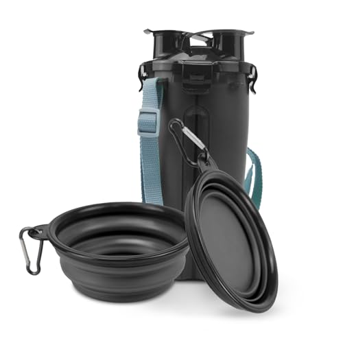 Faltbare Hundenäpfe, KIACFFH Hunde-Wasserflasche mit tragbaren Reise-Hundenäpfen für Spaziergänge im Freien (schwarz, Wasser-Futterflasche + 2 x 350 ml) von KIACFFH