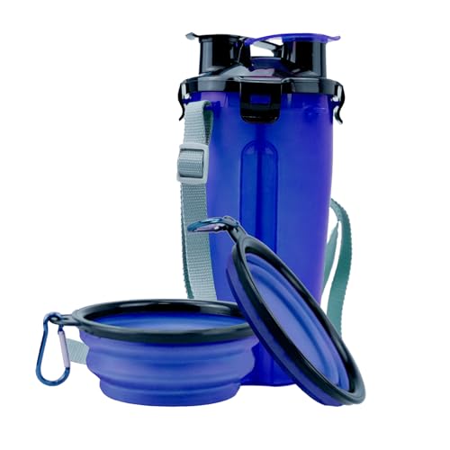 KIACFFH Faltbare Hundenäpfe, tragbare Hunde-Wasserflasche mit zusammenklappbarem Hundenapf für Spaziergänge im Freien (Blau, Wasser-Futterflasche + 350 ml) von KIACFFH